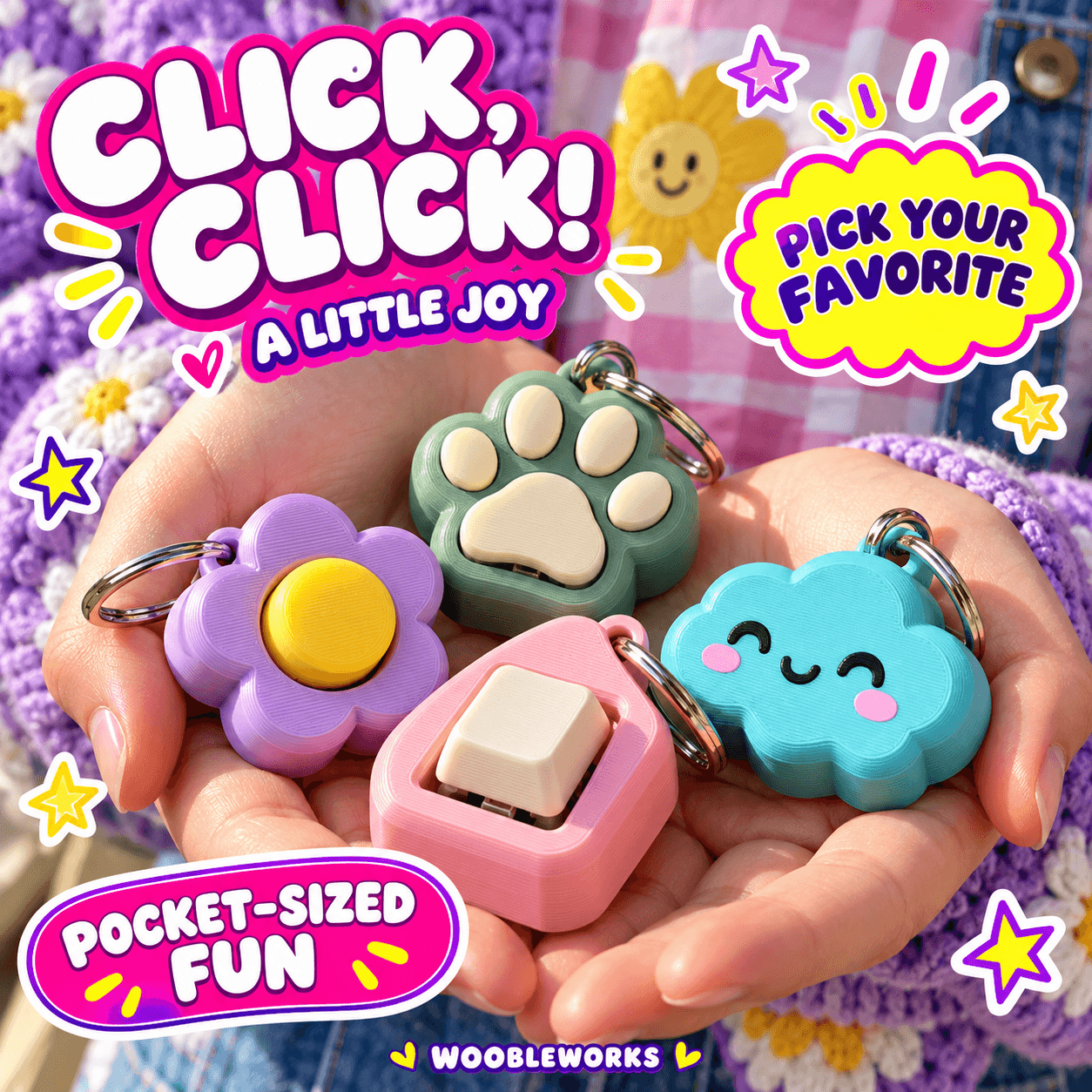Playful clicker concept ad: Click, click! A little joy. Colorful pocket-sized printed clickers.