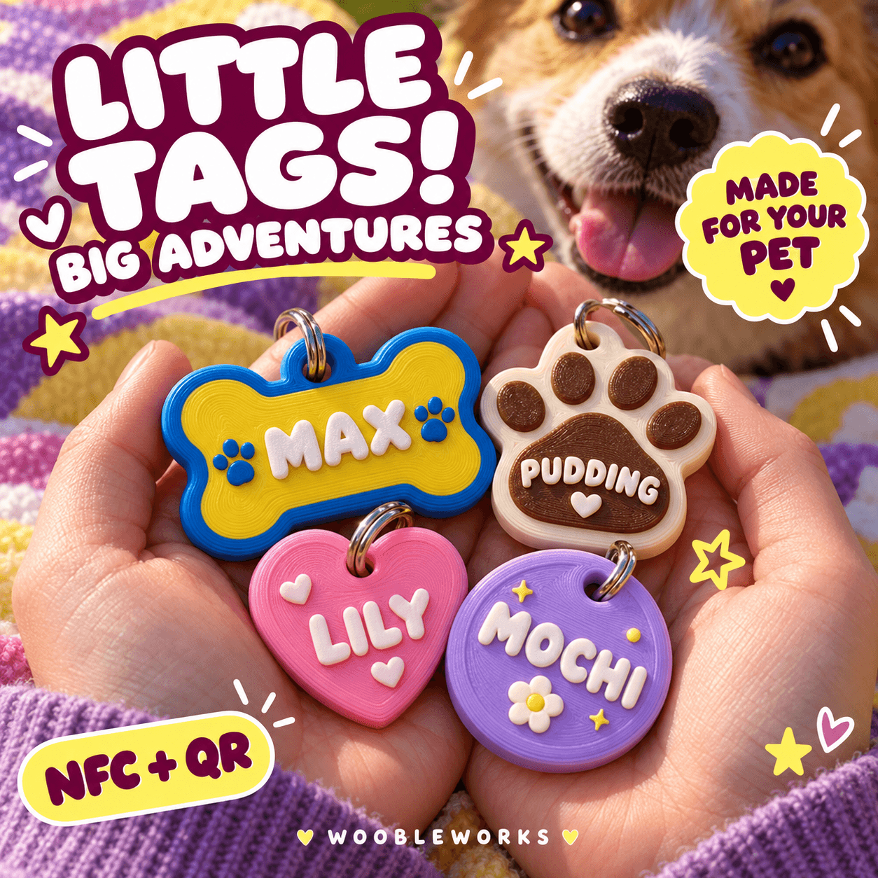 Wooblet pet tag concept ad: Little tags, big adventures. Personalized NFC and QR pet tags.